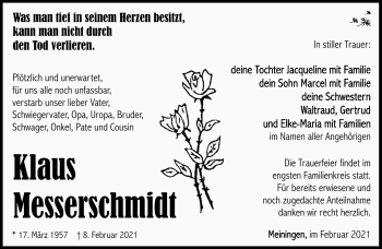 Traueranzeige von Klaus Messerschmidt von Südthüringer Presse