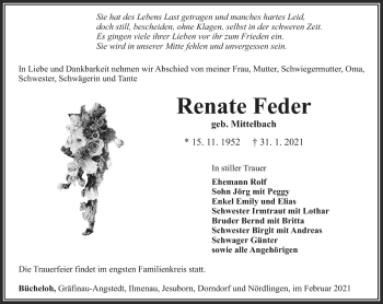 Traueranzeige von Renate Feder von Südthüringer Presse