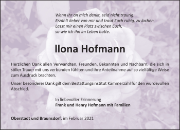 Traueranzeige von Ilona Hofmann von Südthüringer Presse