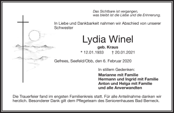 Traueranzeige von Lydia Winel von Frankenpost