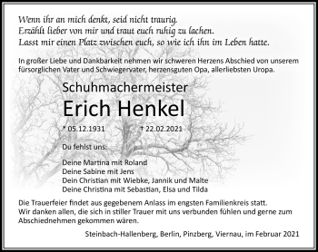 Traueranzeige von Erich Henkel von Südthüringer Presse