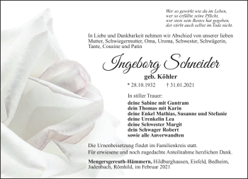 Traueranzeige von Ingeborg Schneider von Südthüringer Presse