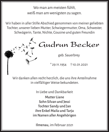 Traueranzeige von Gudrun Becker von Südthüringer Presse