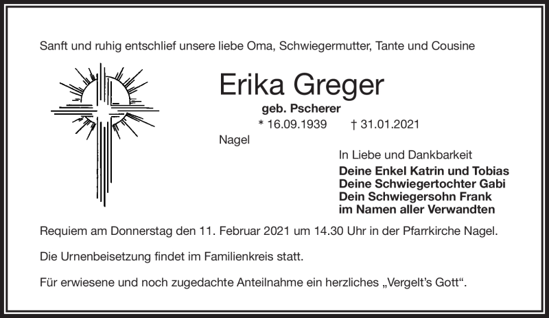  Traueranzeige für Erika Greger vom 09.02.2021 aus Frankenpost