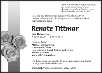 Traueranzeige von Renate Tittmar von Südthüringer Presse