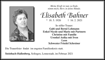 Traueranzeige von Elisabeth Bahner von Südthüringer Presse