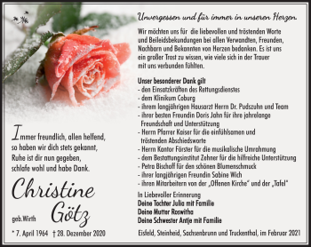 Traueranzeige von Christine Götz von Südthüringer Presse