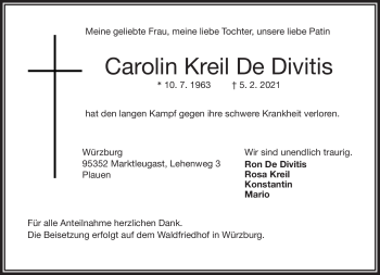 Traueranzeige von Carolin Kreil De Divitis von Frankenpost