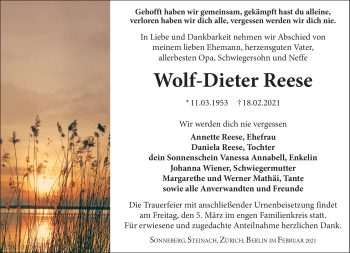 Traueranzeige von Wolf-Dieter Reese von Südthüringer Presse