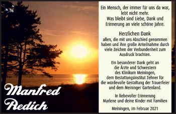 Traueranzeige von Manfred Redich von Südthüringer Presse