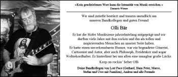 Traueranzeige von Oliver Bär von Frankenpost