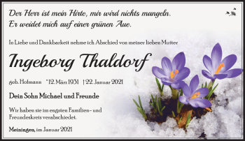 Traueranzeige von Ingeborg Thaldorf von Südthüringer Presse