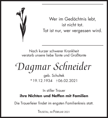 Traueranzeige von Dagmar Schneider von Südthüringer Presse