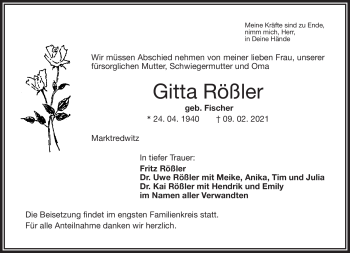 Traueranzeige von Gitta Rößler von Frankenpost