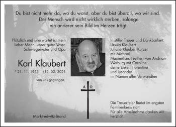 Traueranzeige von Karl Klaubert von Frankenpost