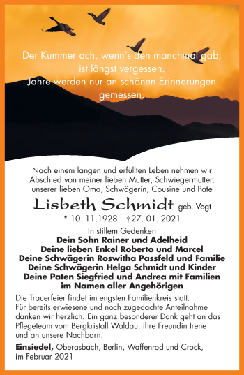 Traueranzeige von Lisbeth Schmidt von Südthüringer Presse