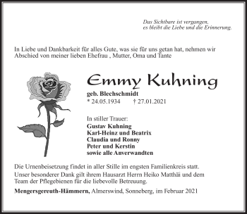 Traueranzeige von Emmy Kuhning von Südthüringer Presse