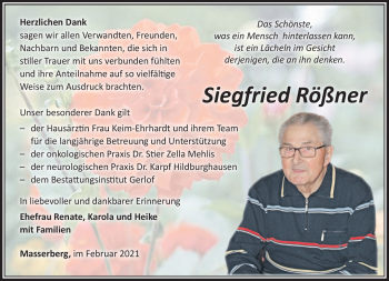 Traueranzeige von Siegfried Rößner von Südthüringer Presse