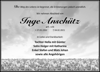 Traueranzeige von Inge Anschütz von Südthüringer Presse