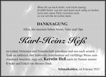 Traueranzeige von Karl-Heinz Heß von Südthüringer Presse