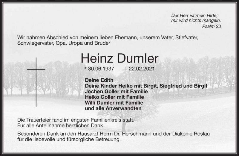  Traueranzeige für Heinz Dumler vom 27.02.2021 aus Frankenpost
