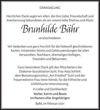 Traueranzeige von Brunhilde Bähr von Südthüringer Presse