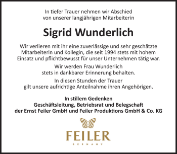 Traueranzeige von Sigrid Wunderlich von Frankenpost