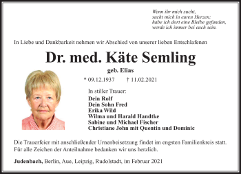 Traueranzeige von Käte Selmling von Südthüringer Presse