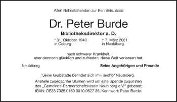 Traueranzeige von Peter Burde von Neue Presse Coburg
