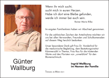 Traueranzeige von Günter Wallburg von Südthüringer Presse