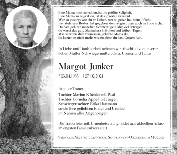 Traueranzeige von Margot Junker von Südthüringer Presse
