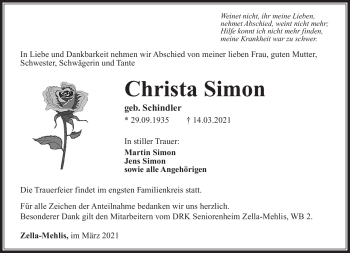 Traueranzeige von Christa Simon von Südthüringer Presse