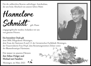 Traueranzeige von Hannelore Schmidt von Südthüringer Presse