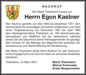 Traueranzeige von Egon Kastner von Frankenpost