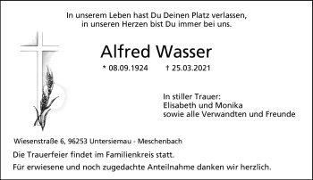 Traueranzeige von Alfred Wasser von Neue Presse Coburg