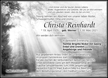 Traueranzeige von Christa Reinhardt von Südthüringer Presse