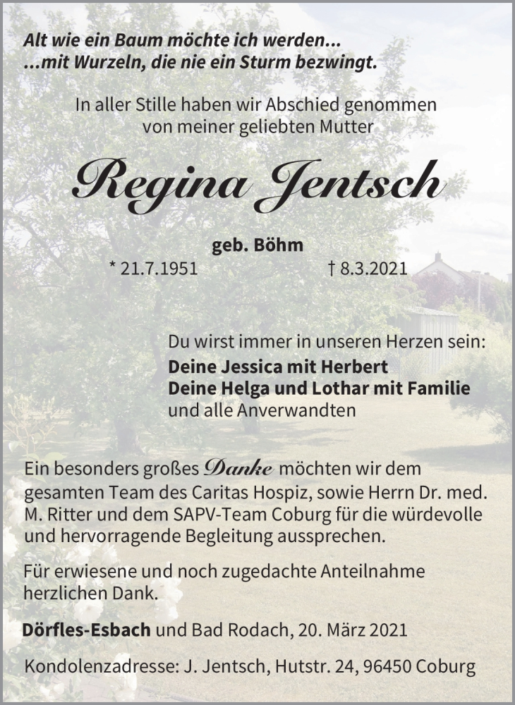  Traueranzeige für Regina Jentsch vom 20.03.2021 aus Neue Presse Coburg