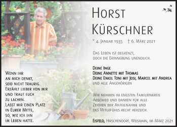 Traueranzeige von Horst Kürschner von Südthüringer Presse