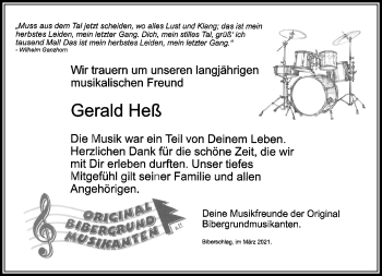 Traueranzeige von Gerald Heß von Südthüringer Presse