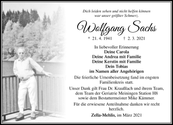 Traueranzeige von Wolfgang Sachs von Südthüringer Presse