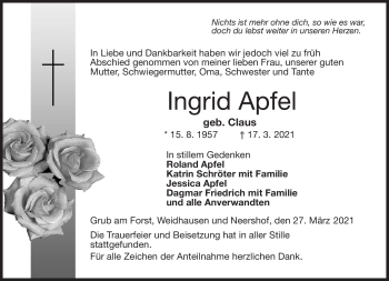 Traueranzeige von Ingrid Apfel von Neue Presse Coburg