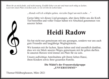 Traueranzeige von Heidi Radow von Südthüringer Presse