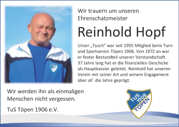 Traueranzeige von Reinhold Hopf von Frankenpost