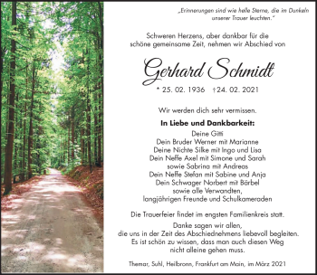Traueranzeige von Gerhard Schmidt von Südthüringer Presse