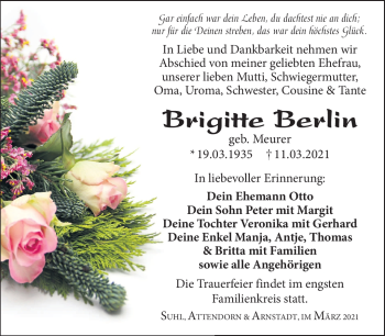 Traueranzeige von Brigitte Berlin von Südthüringer Presse