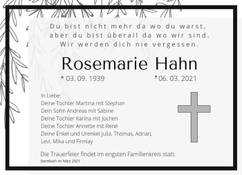 Traueranzeige von Rosemarie Hahn von Südthüringer Presse