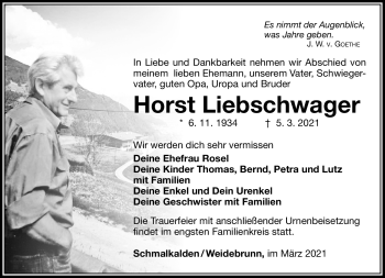 Traueranzeige von Horst Liebschwager von Südthüringer Presse
