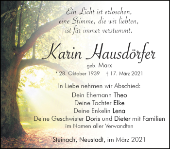 Traueranzeige von karin Hausdörfer von Südthüringer Presse