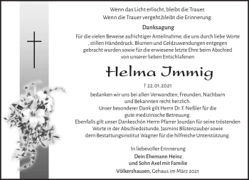Traueranzeige von Helma Immig von Südthüringer Presse