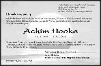 Traueranzeige von Achim Hooke von Südthüringer Presse